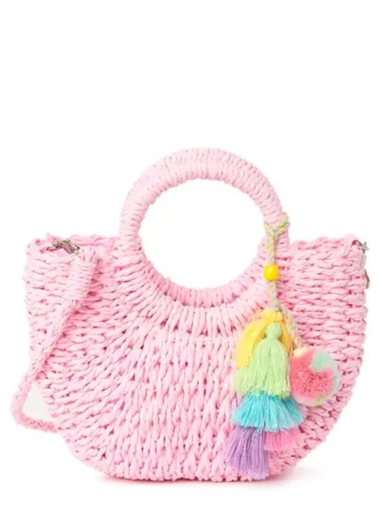 Most Wanted Usa Handbags - Most Wanted USA Pastel Pink Straw Top Handle Crossbody Boho Bag Tassels PomPom